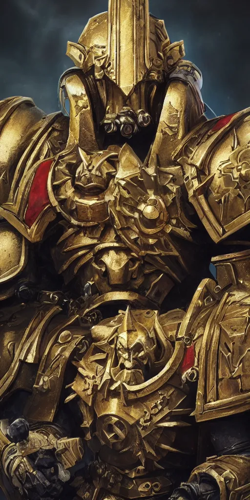 Image similar to warhammer 40k, ceremonial portrait of Emperor of Mankind, handsome man in gold armor, without helmet, beautiful face, long blonde hair, digital art, illustration, fine details, cinematic, highly detailed, octane render