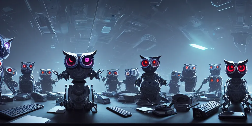 Image similar to an army of evil, malevolent, robot mechincal owls surrounded by computers and computer screens. this 4 k hd image is trending on artstation, featured on behance, well - rendered, extra crisp, features intricate detail and the style of unreal engine. volumetric lighting