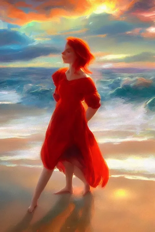 Prompt: a red haired young girl beach surreal, sunrise, dramatic light, impressionist painting, colorful clouds, digital painting, artstation, vittorio matteo corcos