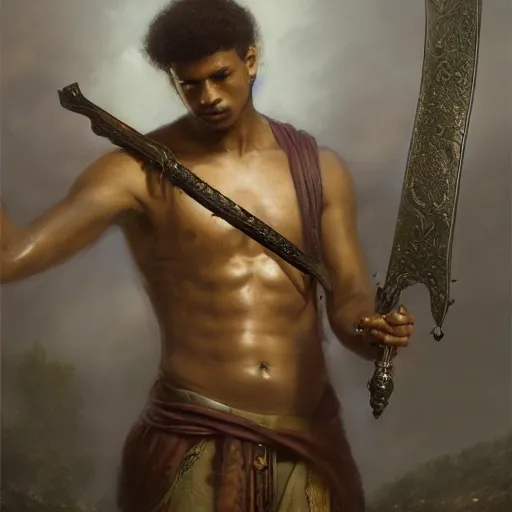 Image similar to artstation concept of a Young man with a bare upper body holding a sword in both hand, brown skin, face, silver garment, shiny colorful, hyperdetailed, artstation trending, world renowned artists, worth1000.com, historic artworks society, antique renewel, cgsociety, by greg rutkowski, by Gustave Dore, Deviantart