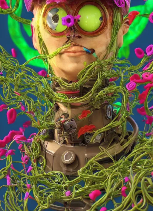 Image similar to colourful - 3 d vfx art - portrait of a mecha robot wearing a baseball cap with vines & flowers growing from inside, art style by tenmyouya hisashi, concept art, unreal engine render, digital illustration, claymation, sharp, intricate detail, volumetric light, ray tracing, soft light, symmetric, pinterest, artstation, behance,