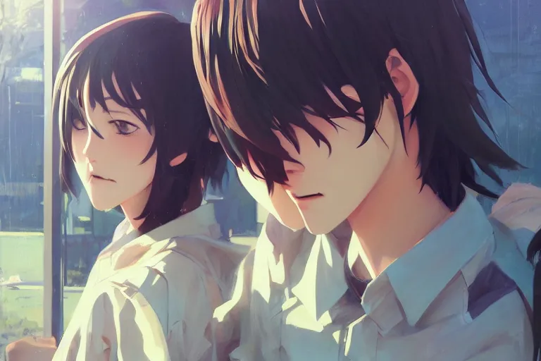 Image similar to boy's love anime high school scene spring noon setting, high detail concept art, perfect proportions good looking face, realistic shaded lighting poster ilya kuvshinov, katsuhiro, jeremy lipkin and michael germash, makoto shinkai, loish and clamp style, trending on art station, best selling artist