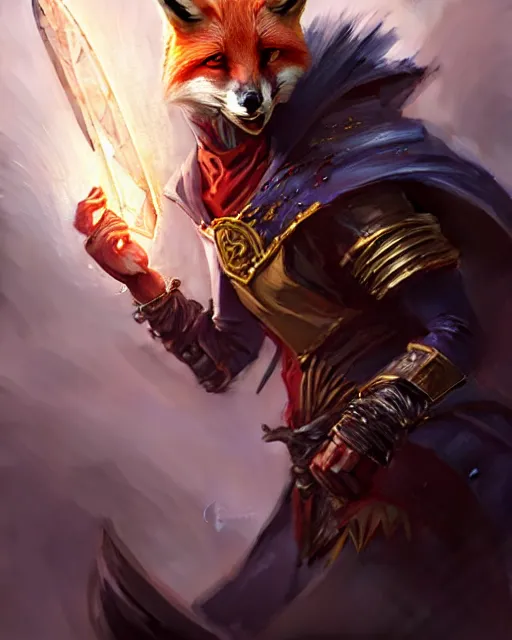 Prompt: Fox Warrior holding expensive gem, evil smile, medium shot, D&D, artstation, fantasy, magic the gathering artwork, cinematic lighting, centered, symmetrical, highly detailed, digital painting, , concept art, smooth, sharp focus, illustration, volumetric lighting, epic Composition, 8k, art by Akihiko Yoshida and Greg Rutkowski and Craig Mullins, oil painting, cgsociety