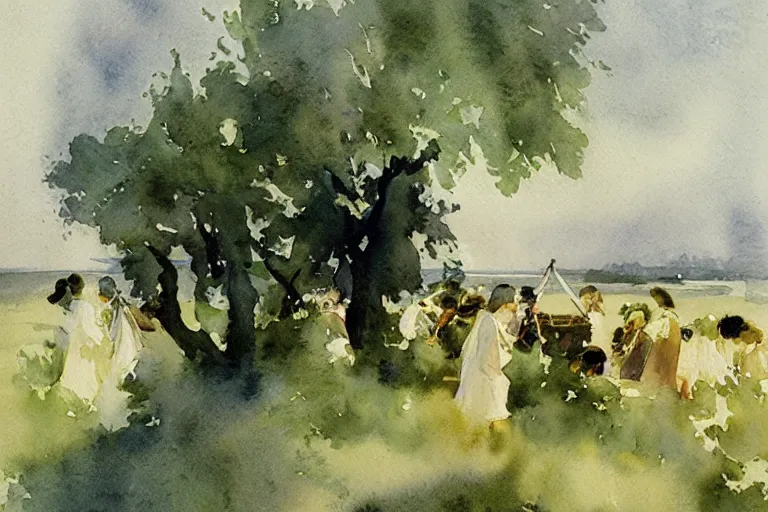 Image similar to abstract watercolor painting of first summer day, midsummer scandinavia, cinematic light, national romanticism by anders zorn