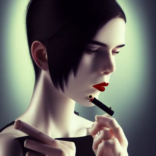 Image similar to a dignified young pale goth lady smoking a cigarette, photorealistic, sublime, 16k, smooth, sharp focus, cgsociety, trending on ArtStation, volumetric lighting