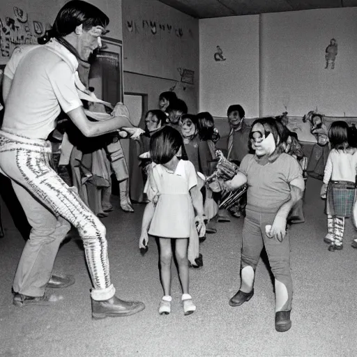 Prompt: an alien leads a round dance with children in a kindergarten of the soviet union, top secret style, old photo, 7 0 s