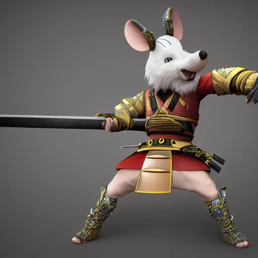 Image similar to samurai mouse with big muscles and swords, epic pose, 8 k dynamic render