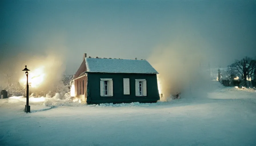 Image similar to 1 9 7 0 s movie still of a heavy burning french style little house in a small northern french village by night in winter, cinestill 8 0 0 t 3 5 mm, heavy grain, high quality, high detail, dramatic light, anamorphic, flares