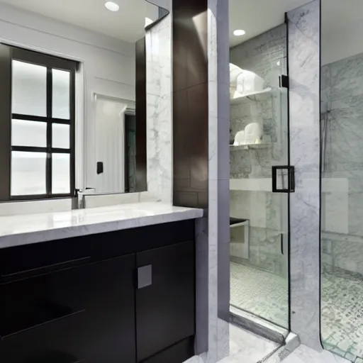 Prompt: a luxury bathroom with a tv screen at the shower, designed by jeremiah brent