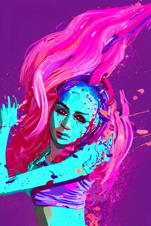 Image similar to a award winning half body porttrait of a beautiful woman in a croptop and cargo pants with ombre purple pink teal hairstyle with head in motion and hair flying, paint splashes, splatter, outrun, vaporware, shaded flat illustration, digital art, trending on artstation, highly detailed, fine detail, intricate