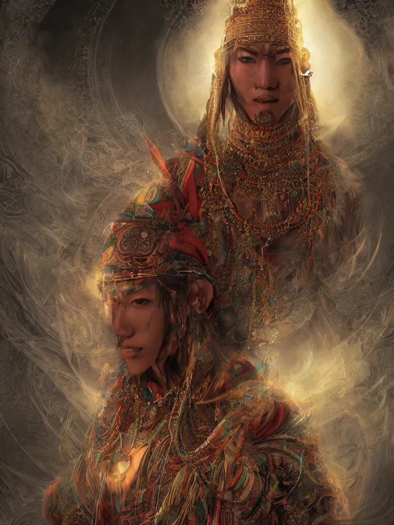 Image similar to a photo of a mystical tibetan shaman is surrounded by sacred geometry made from elven architecture, full body, perfect face, powerful, cinematic, beautifully lit, by artgerm, by karol bak, 3 d, trending on artstation, octane render, 8 k