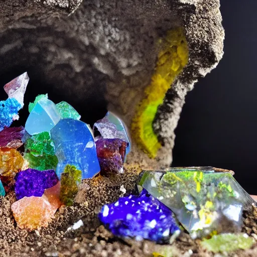 Prompt: mini dinosaur skeleton inside a geode of multi-colored crystals