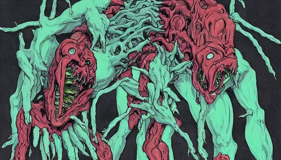 Prompt: a extremely gross disgusting and scary vile monster from neon genesis evangelion The Thing, Spawn, Horror necromorph japanese yokai kappa by Cronenberg and greg nicotero special effects