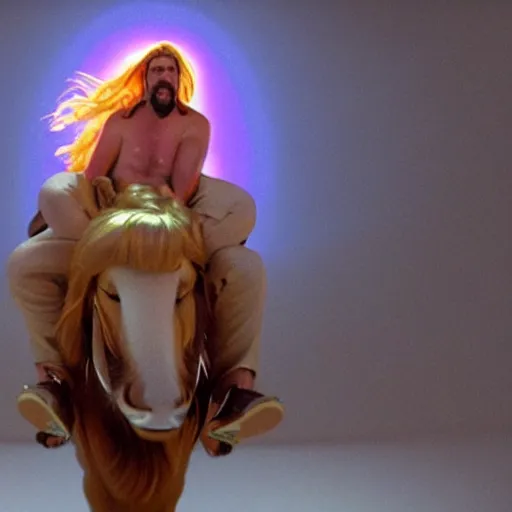 Prompt: big lebowski riding a unicorn, cinematic lighting, award winning photography