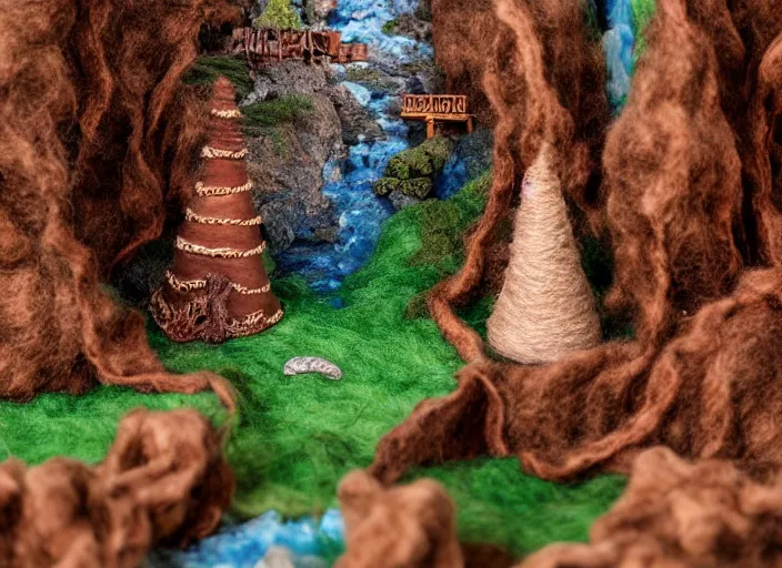 Prompt: high - res photograph of a felt and copper wire sculpture diorama with fantasy castles, highly detailed sculpey diorama, forest setting in iceland, waterfall backdrop, realistic materials, wood, felt, cloth, burlap, copper wire, hot glue, smooth, sharp foccus, commercial product photography,