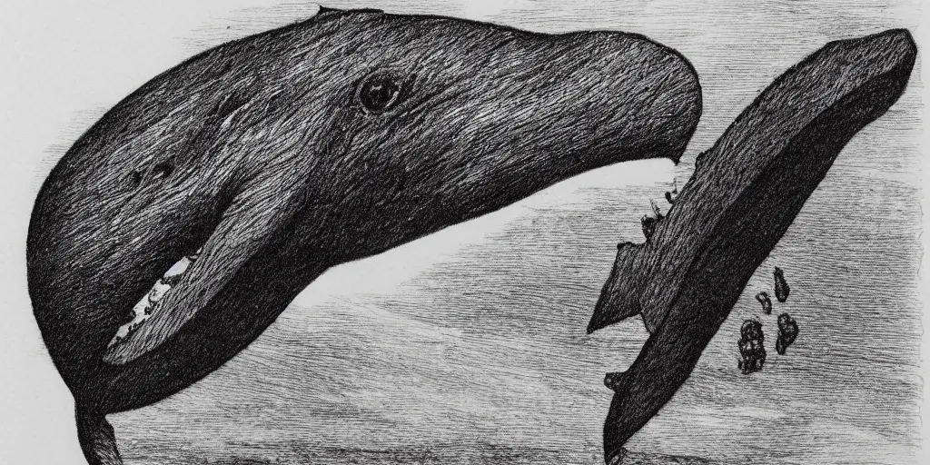 Prompt: pencil etching of a monstrous horrifying whale, its body is rotting