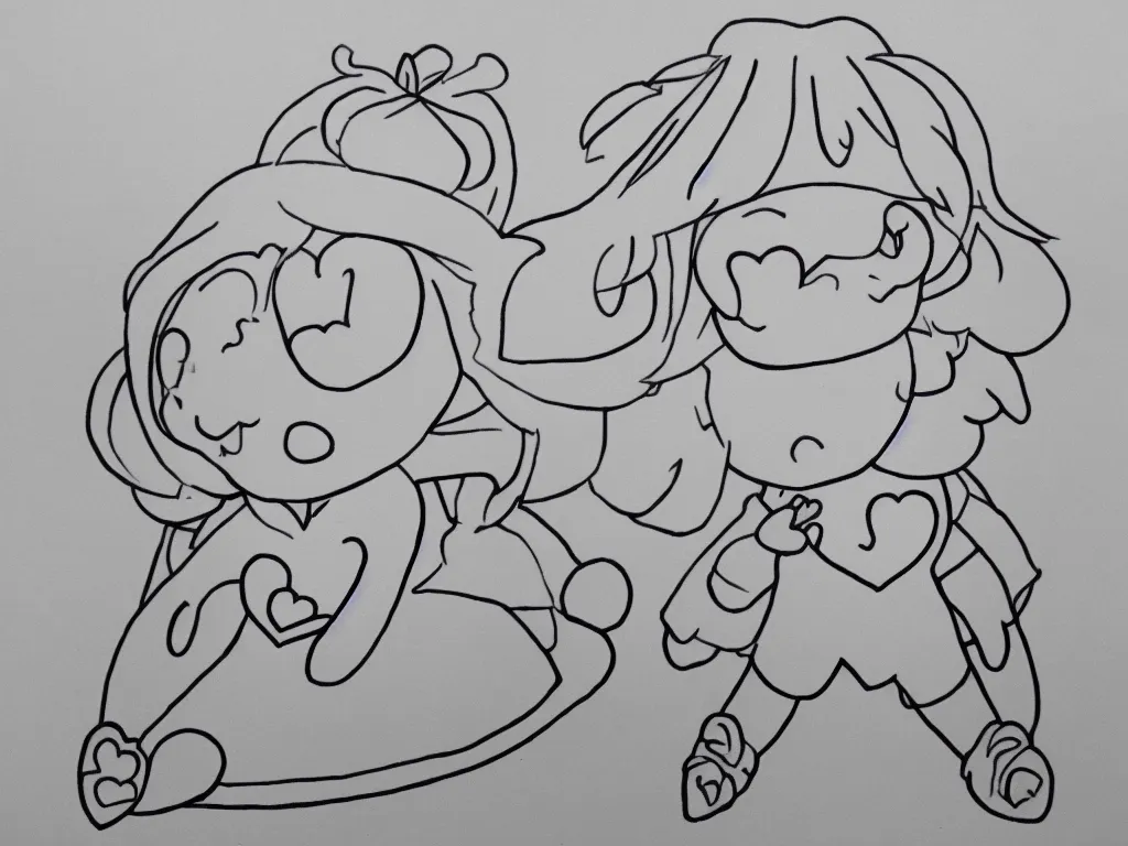 Image similar to color pen plotter outline drawing of a cute fumo plush girl with a big heart