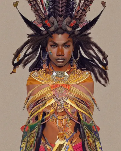 Image similar to colourful upper half portrait of dark - skinned tribal warrior - art by tenmyouya hisashi, hsiao - ron cheng & alphonse mucha, highly detailed, digital painting, illustration, smooth, sharp focus, intricate, symmetry, pinterest, behance, artstation