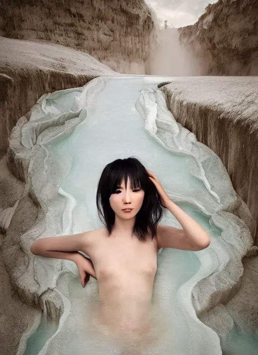 Prompt: Kodak Portra 400, 8K, soft light, volumetric lighting, highly detailed, Kasumi Arimura style 3/4 ,portrait photo of Japanese Goddess, the face emerges from Pamukkale, thermal waters flowing down white travertine terraces, inspired by Ophelia paint , a beautiful luxurious celestial suit and hair are intricate with highly detailed realistic beautiful flowers , Realistic, Refined, Highly Detailed, ethereal outdoor pastel lighting colors scheme, outdoor fine art photography, Hyper realistic, photo realistic