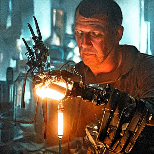 Prompt: intricate object made of rusted old egg beater and forks and knives, balding older cyborg repairing, red hot soldering iron, dark messy smoke - filled cluttered workshop, dark, dramatic lighting, cinematic, highly detailed, sci - fi, futuristic, movie still from blade runner