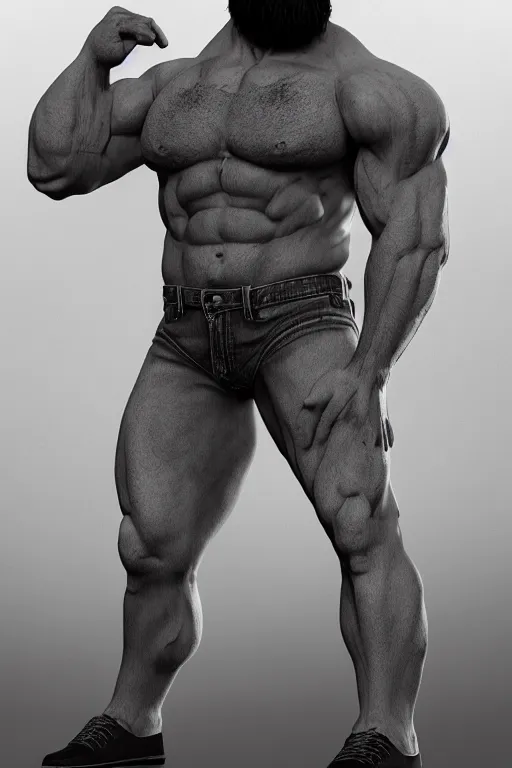 Image similar to a very muscular man with big beard wearing jeans, seductive pose, hyperrealistic, concept art, octane render, unreal engine 5, trending on artstation, high quality, highly detailed, stylish, elegant, path traced, black and white, realistic and detailed face, anatomically correct, five fingers, cinematic, high coherence, dramatic lighting, 8 k