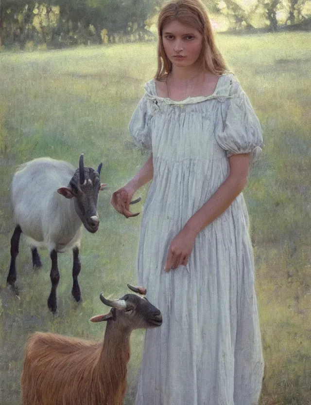 Prompt: portrait of peasant girl in a long dress pet a goat, cottage core, cinematic focus, polaroid photo bleached vintage pastel colors high - key lighting, soft lights, foggy, by steve hanks, by lisa yuskavage, by serov valentin, by tarkovsky, 8 k render, detailed, oil on canvas