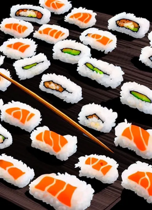 Image similar to clear photorealistic picture of adorable cats made out of sushi