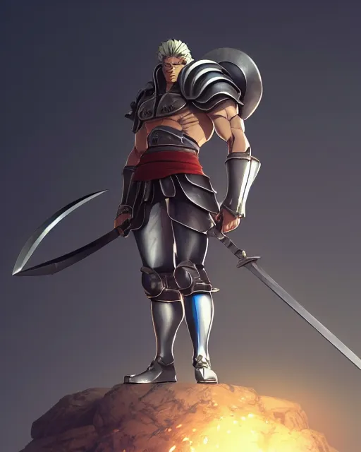 Image similar to strong muscular warrior with a greatsword and fully clad in plate armor, square masculine jaw, short messy hair, intimidating appearance, 3 d octane render, unreal engine 5, ultra high detail, cel shaded, trending on pixiv fanbox, by greg rutkowski makoto shinkai takashi takeuchi studio ghibli, akihiko yoshida