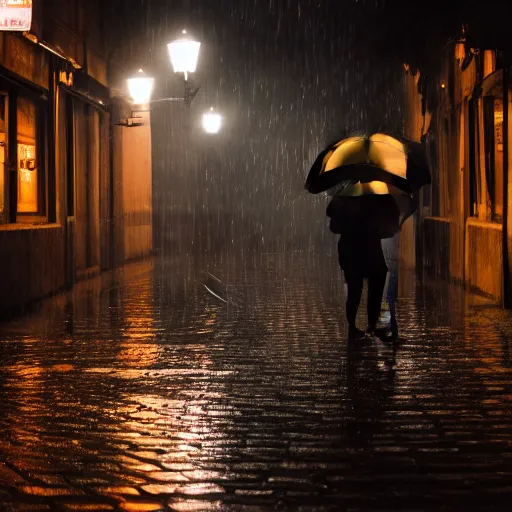 Prompt: an emotional picture of two shadowy figures under one umbrella at night in an ally, it is raining heavily, street lanterns are shining, they are reflected on the rainy street, 35mm, motion blur