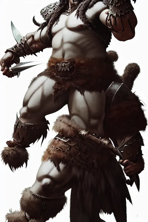 Image similar to orc barbarian wearing leather armor, full body shot, exquisite details, earth magic, mid view, design on a white background, by greg rutkowski, makoto shinkai, takashi takeuchi, studio ghibli