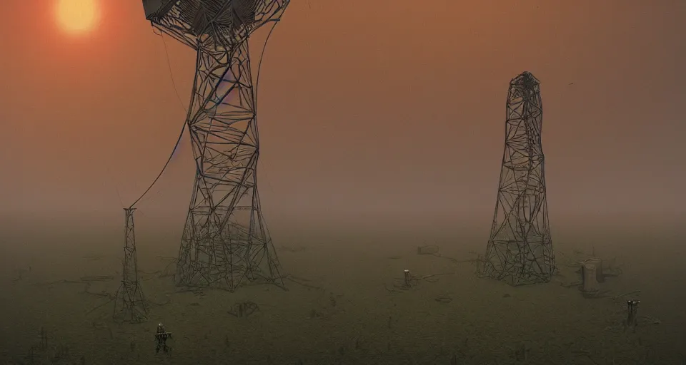 Image similar to One Derelict Radio Tower surreal landscape, rendered by zdzisław beksiński, simon stålenhag, Beeple, environment concept, digital art, starwars, unreal engine, 3 point perspective, WLOP, trending on artstation, low level, 4K UHD image, octane render,