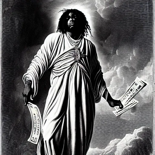 Prompt: cheef keef ascending into heaven holding stacks of cash, biblical image, style of gustave dore, highly detailed, beautiful, high contrast, black and white