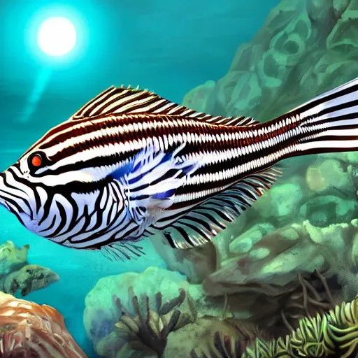 Prompt: A crazy zebra fish swimming in Alcatraz, stunning digital art, high detail, in the style of artgerm, artstation, cgsociety, dramatic lighting, pixar