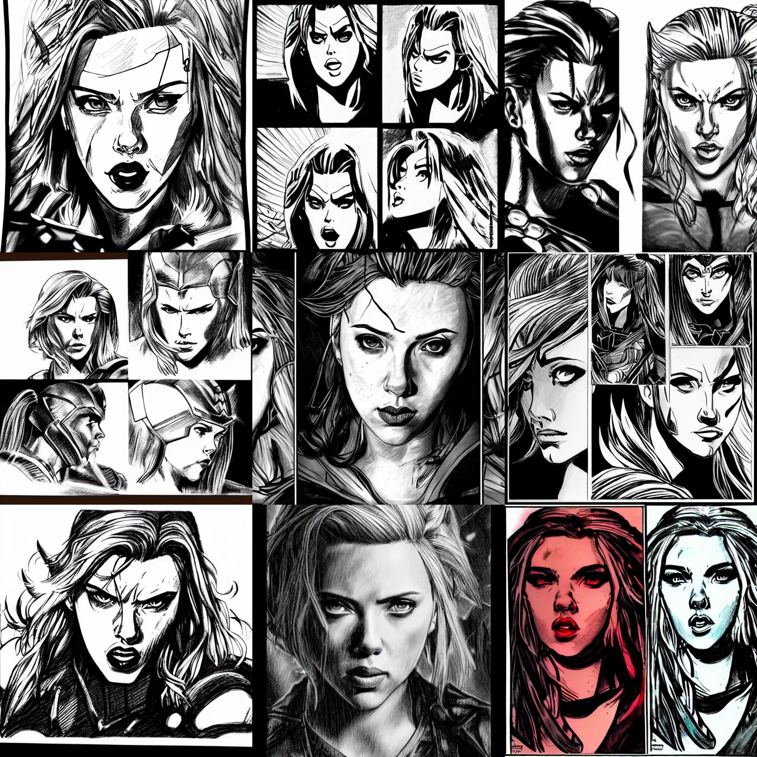Prompt: 3 panels of scarlett johansson with angry expression as thor, dramatic lighting, anime style, pencil and ink manga drawing,