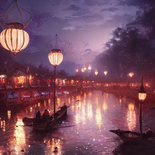 Image similar to concept art, river lanterns on the eve of ullambana festival, high resolution, by james gurney, greg rutkowski, fujishima takeji, hiroshi yoshida, artstation