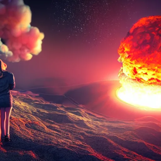 Prompt: a girl on a hill watching a flaming asteroid fall from space, octane render very realistic beatiful