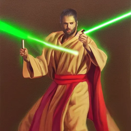 Prompt: A man in robes wielding a green laser sword painting, portrait, trending on artstation