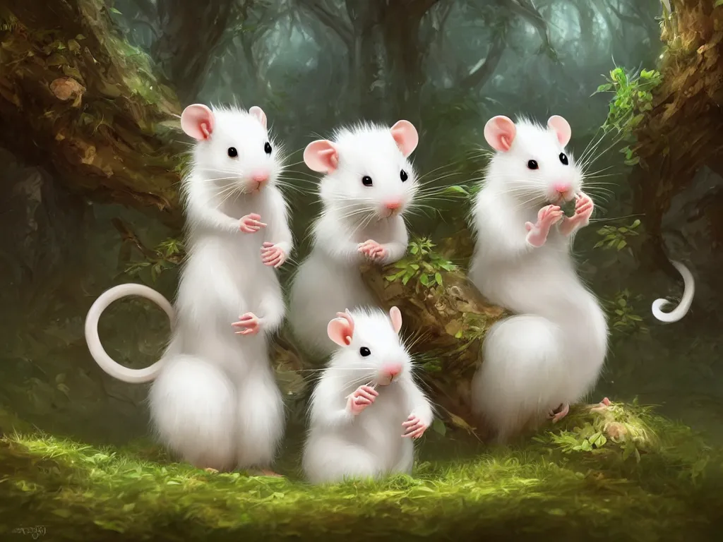 Image similar to two cute white rats in the dreamy forest, fantasy, dreamlike, 8 k resolution, hyper detailed, d & d, character design, digital painting, trending on artstation, sharp focus, illustration, art by artgerm, viktoria gavrilenko, hoang lap, fuji choko, steve zheng