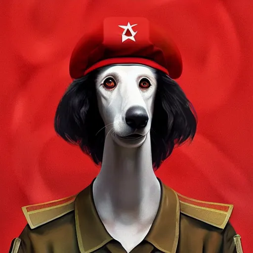 Image similar to Portrait painting of a Borzoi Dog using a communist red beret as an Overwatch character, medium shot, asymmetrical, profile picture, Organic Painting, sunny day, Matte Painting, bold shapes, hard edges, street art, trending on artstation, by Huang Guangjian and Gil Elvgren and Sachin Teng