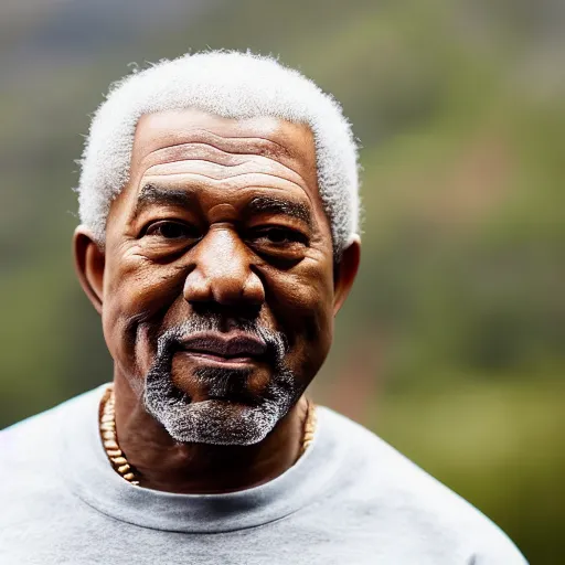 Prompt: a candid portrait photograph of Kanye West starring as Old man Morgan Freeman, in the style of Chi Mondu, shallow depth of field, 40mm lens