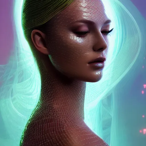 Image similar to a highly detailed digital image of an elegantly posed futuristic woman beautifully intertwined in chromatic liquid like leaves, by Andrew Chiampo, artstation, and Frederik Heyman, extremely detailed woman, stunning volumetric lighting, hyper realism, fantasy 4k