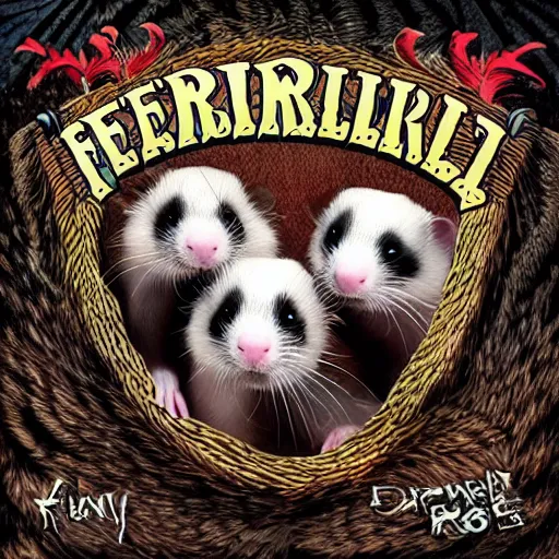 Prompt: album cover for a ferret themed metal band, album cover