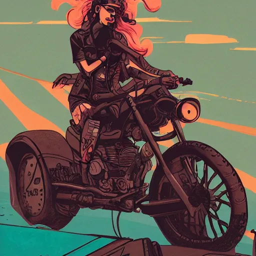 Image similar to a colorfully detailed comic noir illustration of a hot tattooed women riding a motorcycle through a post-apocalyptic desert by Queens of the Stone Age and sachin teng, dark vibes, street art, cinematic, high contrast, depth of field