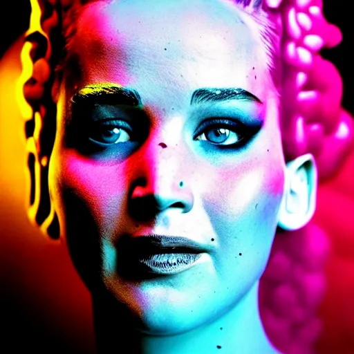 Image similar to smiling jennifer lawrence as the bride of frankenstein, macro photography, glowing retinas, fuscia cyan yellow white powder on face, national geographic