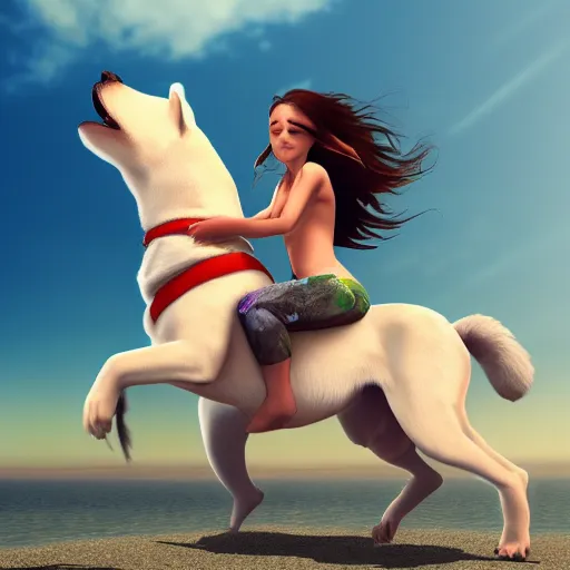 Image similar to girl riding a giant saint Bernard at the beach catching a frisbee, trending on artstation