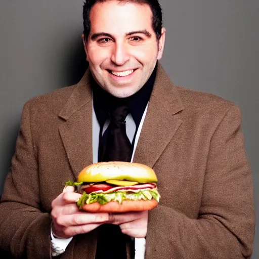 Prompt: full length shot : : clean - shaven smiling white chubby italian american man in his 4 0 s wearing a long brown overcoat and necktie and black holding a burger, 2 0 0 6 advertising promo shot
