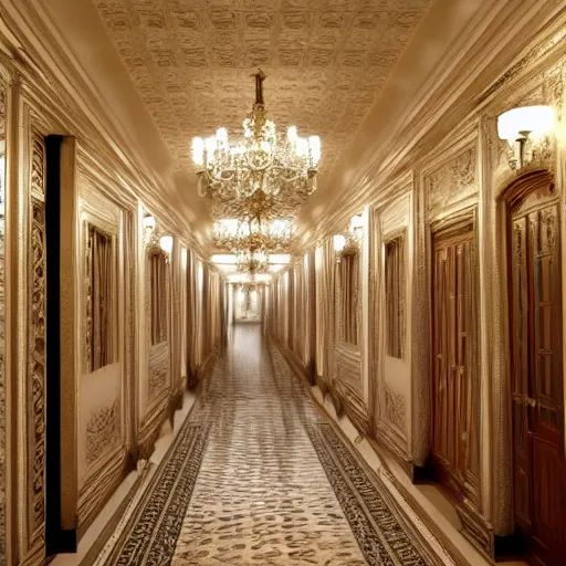 Image similar to corridor in mansion, opulent, highly detailed