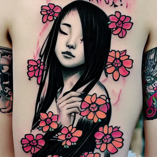 prompthunt: front portrait of a muscular torso covered inTraditional Japanese  Tattoo Style, tattoo, tattoo art, colorful, vibran, front view, art by Ruan  Jia , Moebious, Craig Mullin, and Nick Knight