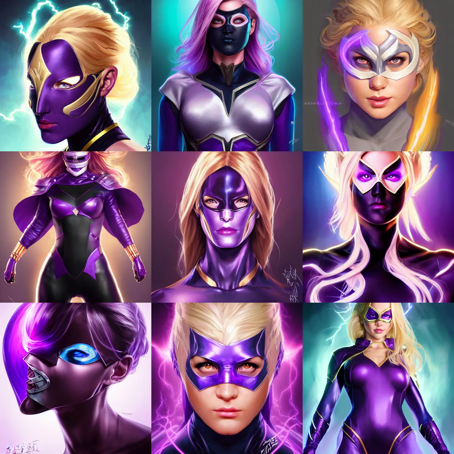 Prompt: character concept portrait, head-on centralized, super-hero girl,mask, blond, black and violet costume, aura of power. Detailed, high quality, dynamic lightning, fantasy. Artwork by Artgerm, WLOP, Alex Ross, Greg Rutknowski, Alphonse Mucha
