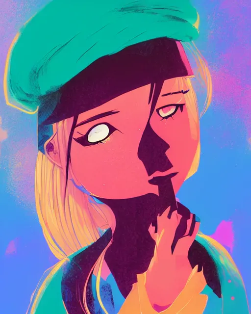 Image similar to girl with beret, colored manga panel, drawn by Anton Fadeev